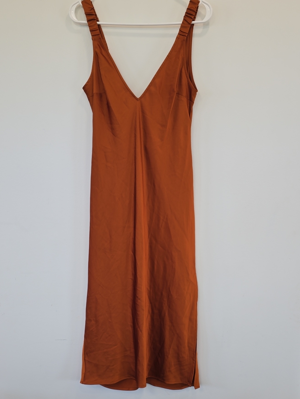 Satin V-Neck Backless Maxi Dress in Burnt Orange